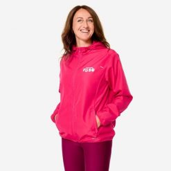 Kurtka do biegania wiatrówka damska Kiprun Run 100 "Bougeons en rose". Czerwone kurtki sportowe damskie KIPRUN, xl, bez wzorów, z materiału, bez kaptura, do biegania. Za 89.99 zł.