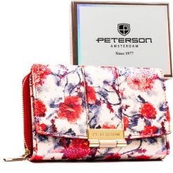 Wielokolorowy portfel damski wykonany ze skóry ekologicznej, ozdobiony kwiatowym wzorem - Peterson. Portfele damskie Peterson, bez wzorów, ze skóry ekologicznej. Za 99.99 zł.
