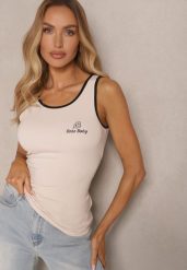 Jasnobeżowy Top z Wiskozą i Ozdobnym Nadrukiem Amotia. Brązowe bluzki damskie Renee, m, bez wzorów, z jeansu, bez kołnierzyka, bez ramiączek. Za 39.99 zł.