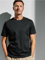 T-shirt regular z domieszką jedwabiu - czarny. Czarne t-shirty męskie Reserved, l, bez wzorów, z bawełny, bez kołnierzyka. Za 119.99 zł.