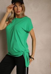 Zielony T-shirt z Bawełny z Ozdobnym Wiązaniem Termio. Zielone bluzki damskie Renee, m, bez wzorów, z bawełny, biznesowe, bez kołnierzyka. Za 29.99 zł.