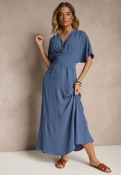 Granatowa Sukienka o Rozkloszowanym Kroju z Gumką w Talii Iffine. Niebieskie sukienki damskie Renee, na co dzień, l, bez wzorów, eleganckie, bez kołnierzyka, bez ramiączek, maxi, rozkloszowane. Za 49.99 zł.