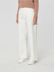 Spodnie wide leg high waist - kremowy. Białe spodnie materiałowe damskie Sinsay, l, bez wzorów, z bawełny, z podwyższonym stanem. Za 89.99 zł.