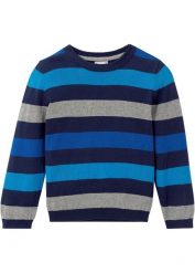 Sweter z cienkiej bawełnianej dzianiny. Niebieskie swetry dla chłopców bonprix, bez wzorów, z bawełny, bez kołnierzyka, bez kaptura. Za 64.99 zł.