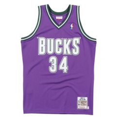 Autentyczny koszulkowy dres NBA Milwaukee Bucks Ray Allen 2000/01. Fioletowe koszulki sportowe męskie Mitchell & Ness, bez wzorów, z dresówki, bez kołnierzyka, bez ramiączek, do koszykówki. Za 1,234.50 zł.