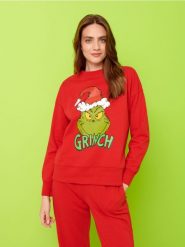 Bluza z nadrukiem Grinch - czerwony. Czerwone bluzy damskie Sinsay, l, bez wzorów, z bawełny, bez kaptura. Za 49.99 zł.