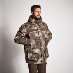Kurtka myśliwska Solognac 500 Warm wodoodporna camo treemetic. Brązowe kurtki męskie SOLOGNAC, m, bez wzorów, z polaru, sportowe, bez kaptura. Za 599.99 zł.