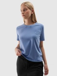 4F T-shirt regular gładki damski - niebieski S. Niebieskie koszulki sportowe damskie 4f, s, bez wzorów, z bawełny, bez kołnierzyka, bez ramiączek. W wyprzedaży za 29.99 zł.