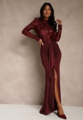 Bordowa Koktajlowa Sukienka z Półgolfem Zdobiona Cekinami i Trenem Nautitune. Czerwone sukienki damskie Renee, m, z aplikacjami, wizytowe, bez kołnierzyka, bez ramiączek, maxi, oversize. Za 239.99 zł.