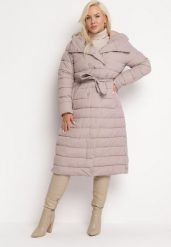 Ciemnoróżowa Pikowana Kurtka Płaszcz o Przedłużonym Fasonie z Paskiem i Kapturem Gerit. Czerwone kurtki damskie Born2be, xl, bez wzorów. Za 349.99 zł.