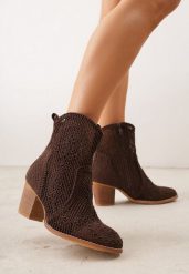 Brązowe Ażurowe Botki Kowbojki VICES na Stożkowym Obcasie Natesela. Brązowe botki damskie Renee, na wiosnę, z zamszu, eleganckie, bez obcasa, na obcasie, bez zapięcia. Za 149.99 zł.