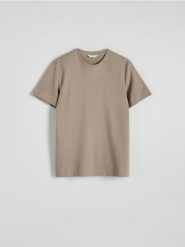 T-shirt regular ze strukturalnej dzianiny - brązowy. Brązowe t-shirty męskie Reserved, l, bez wzorów, z dzianiny, bez kołnierzyka. W wyprzedaży za 49.99 zł.