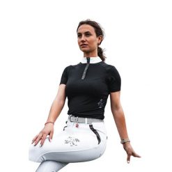 Damska koszulka polo na zawody Ju & Pa Julia. Czarne koszulki sportowe damskie JU ET PA, bez wzorów, bez kołnierzyka, bez ramiączek, do jazdy konnej. Za 578.50 zł.