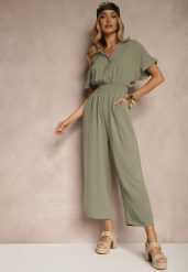 Zielony Wiskozowy Kombinezon z Dekoltem w Serek Zapinany na Guziki Anisora. Zielone sukienki damskie Renee, na co dzień, l, bez wzorów, z wiskozy, eleganckie, bez kołnierzyka, bez ramiączek, mini, proste. Za 54.99 zł.
