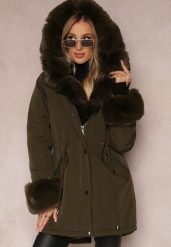 Ciemnozielona Kurtka Parka ze Ściągaczem i Kapturem z Futerkiem Bellad. Zielone kurtki damskie Renee, l, z aplikacjami. Za 349.99 zł.