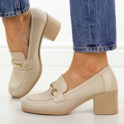 Beżowe półbuty damskie na obcasie, mokasyny Potocki 12774. Brązowe mokasyny damskie POTOCKI, z jeansu, biznesowe. Za 179.00 zł.