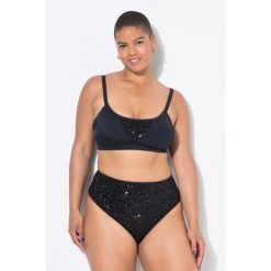 Damski Top bikini miękkie miseczki cekiny. Czarne topy damskie Ulla Popken, l, bez wzorów, z elastanu, bez kołnierzyka, bez ramiączek. Za 176.99 zł.