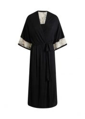 Długi szlafrok kimono z wiskozy z haftem. Czarne szlafroki damskie bonprix, bez wzorów, z koronki, bez ramiączek, długie, bez kaptura. Za 129.99 zł.