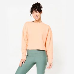 Bluza damska Domyos Gym & Pilates crop. Brązowe bluzy damskie DOMYOS, xl, bez wzorów, z bawełny, bez kaptura. W wyprzedaży za 59.99 zł.