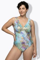 Damskie Kostium kąpielowy wzorzysty bez miękkich miseczek ozdobna lamówka. Niebieskie kostiumy jednoczęściowe damskie Ulla Popken, plus size, bez wzorów, z elastanu, plus size, do pływania. Za 191.99 zł.
