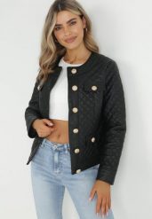 Czarna Kurtka Pikowana z Guzikami Ancilla. Czarne kurtki damskie Born2be, l, bez wzorów, ze skóry, bez kaptura. Za 99.99 zł.