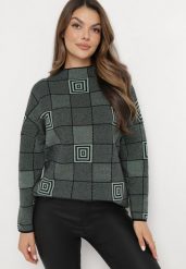 Zielony Golf w Geometryczny Wzór Serenique. Zielone swetry damskie Born2be, xl, z aplikacjami, z dzianiny, bez kołnierzyka, bez ramiączek, długie, bez kaptura. Za 99.99 zł.