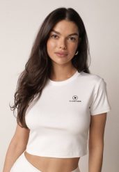 Biały Krótki T-shirt w Stylu Basic z Minimalistycznym Nadrukiem Orithana. Białe koszule damskie Born2be, l, bez wzorów, z jeansu, sportowe, bez kołnierzyka, bez ramiączek. Za 29.99 zł.