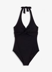 Kostium kąpielowy lekko modelujący sylwetkę z dekoltem halter. Czarne kostiumy jednoczęściowe damskie bonprix, bez wzorów, eleganckie. Za 114.99 zł.