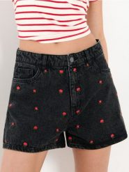 Szorty jeansowe high waist z haftowanymi różyczkami - czarny. Czarne szorty damskie Sinsay, l, bez wzorów, z jeansu, z podwyższonym stanem. Za 69.99 zł.