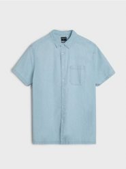 Bawełniana koszula z krótkim rękawem - niebieski. Niebieskie koszule męskie Sinsay, l, bez wzorów, z bawełny, bez kołnierzyka, bez ramiączek. Za 49.99 zł.