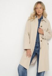Beżowy Płaszcz Jednorzędowy z Kołnierzykiem Ronisse. Brązowe płaszcze damskie Born2be, l, bez wzorów, z jeansu, eleganckie, bez kaptura. Za 169.99 zł.
