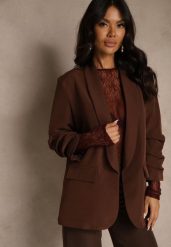 Jasnobrązowa Pudełkowa Marynarka Bez Zapięć z Wiskozą z Marszczonymi Rękawami Fenidia. Żakiety damskie Renee, l, bez wzorów, z wiskozy. Za 99.99 zł.