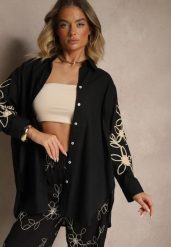 Czarna Koszula z Bawełny o Kroju Oversize z Kwiatowymi Aplikacjami Fadelya. Czarne bluzki damskie Renee, s, z aplikacjami, z bawełny, eleganckie, bez kołnierzyka, bez ramiączek. Za 69.99 zł.