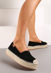 Czarne Espadryle z Imitacji Zamszu na Platformie z Jutowej Plecionki Mirrona. Czarne espadryle damskie Renee, bez wzorów, bez obcasa, na platformie, bez zapięcia. Za 64.99 zł.