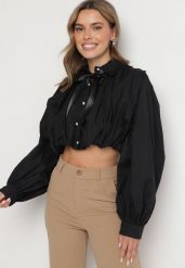 Czarna Bawełniana Koszula o Bufiastym Kroju z Kokardą w Stylu Retro Drulla. Czarne bluzki damskie Born2be, uniwersalny, bez wzorów, z bawełny, eleganckie, bez kołnierzyka, bez ramiączek. Za 129.99 zł.