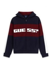 Guess Kids Sweter 180283 Niebieski Classic Fit. Niebieskie bluzy dla chłopców Guess Kids, z aplikacjami, bez kołnierzyka, bez kaptura. Za 239.99 zł.