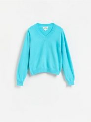 Wełniany sweter - turkusowy. Niebieskie swetry damskie Reserved, l, bez wzorów, z wełny, bez kołnierzyka, bez ramiączek, bez kaptura. Za 199.99 zł.