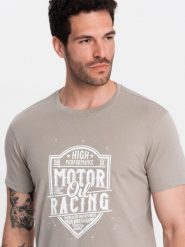 Ombre T-shirt męski z nadrukiem w stylu motocyklowym popielaty V3 OM-TSPT-0125 M. Szare t-shirty męskie Ombre, m, bez wzorów, bez kołnierzyka. Za 49.99 zł.