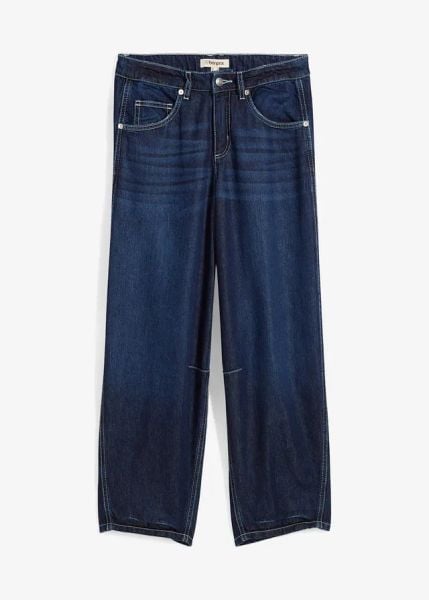 Jeansy o kroju balonowym, średni stan, super soft, cropped. Szare jeansy damskie bonprix. Za 149.99 zł.