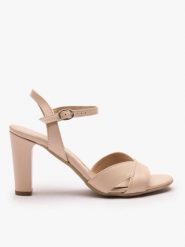 Cieliste sandały na wysokim obcasie. Brązowe sandały damskie Ryłko, bez wzorów, ze skóry, bez obcasa, na obcasie, bez zapięcia. Za 379.99 zł.