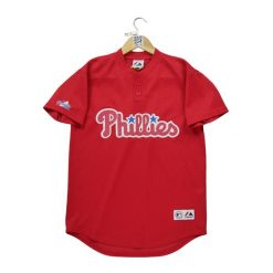 Męska koszulka Philadelphia Phillies MLB. Czerwone koszulki sportowe męskie MAJESTIC SPORT, l, bez wzorów, bez kołnierzyka, bez ramiączek. Za 144.80 zł.
