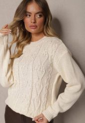 Jasnobeżowy Sweter z Wełną Ozdobnym Splotem i Ściągaczem Nariae. Brązowe swetry damskie Renee, uniwersalny, bez wzorów, z jeansu, casualowe, bez kołnierzyka, bez ramiączek, długie, bez kaptura. Za 54.99 zł.
