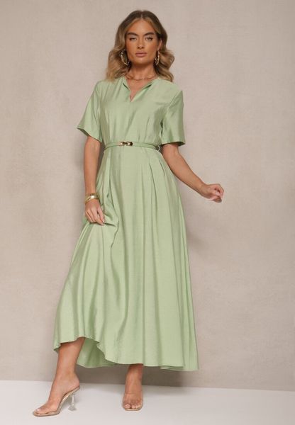 Zielona Rozkloszowana Sukienka z Lnu i Wiskozy z Paskiem ze Sprzączką Linoretia. Zielone sukienki damskie Renee, na co dzień, l, bez wzorów, z wiskozy, bez kołnierzyka, bez ramiączek, maxi, kopertowe. Za 149.99 zł.