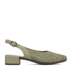 Czółenka Rieker. Zielone czółenka damskie Rieker, bez wzorów, bez obcasa, bez zapięcia. Za 299.99 zł.