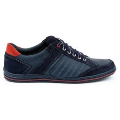 KOMODO Półbuty męskie ze skóry Polskie 236K niebieskie. Niebieskie półbuty na co dzień męskie z materiału, eleganckie, bez zapięcia. Za 367.89 zł.