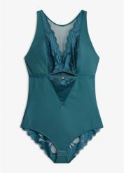 Body o średnim stopniu modelowania sylwetki, z koronką. Niebieskie body damskie bonprix, bez wzorów, z koronki. Za 109.99 zł.