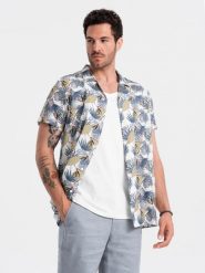 Wiskozowa wzorzysta męska koszula z krótkim rękawem – palmy V7. Białe koszule męskie Ombre Clothing, l, bez wzorów, z materiału, klasyczne, bez kołnierzyka, bez ramiączek. W wyprzedaży za 49.99 zł.