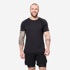 Koszulka fitness męska Domyos krótki rękaw. Czarne koszulki sportowe męskie DOMYOS, l, bez wzorów, z materiału, bez kołnierzyka, bez ramiączek, na fitness i siłownię. Za 119.99 zł.