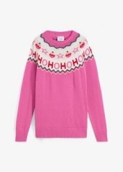 Sweter z bożonarodzeniowym motywem. Czerwone swetry damskie bonprix, bez wzorów, bez kołnierzyka, bez ramiączek, bez kaptura. Za 109.99 zł.