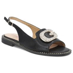 Sandały damskie S. Barski, eleganckie z ozdobą ze skóry ekologicznej ze sprzączką na płaskim obcasie, czarne, KV51-081. Czarne sandały damskie S.BARSKI, z aplikacjami, ze skóry ekologicznej, bez obcasa, na płaskiej podeszwie, bez zapięcia. Za 109.00 zł.